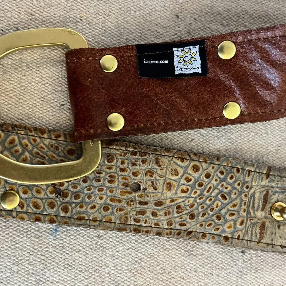 Izzimo Woman's Croc Embossed Leather Mob Wife Solid Brass Belt Buckle